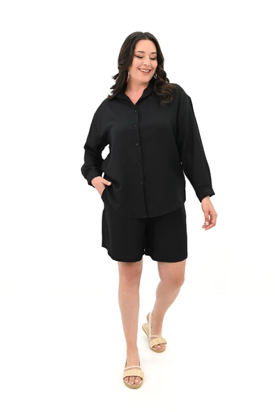 Kadın Büyük Beden Şortlu Keten Takım 8121-25 - 3