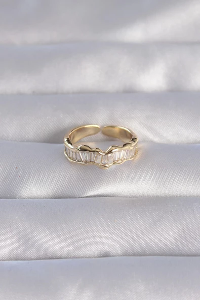 MuI MuI Pirinç Gold Renk Zirkon Taşlı Dalgalı Su Yolu Model Ayarlanabilir Yüzük - 2