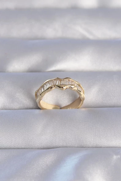 MuI MuI Pirinç Gold Renk Zirkon Taşlı Dalgalı Su Yolu Model Ayarlanabilir Yüzük