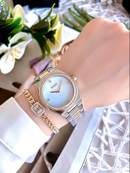 Wesse Elite Çelik Kordon Kararmaz Renk Atmaz Bayan Kol Saati 30Mt Suya Dayanıklı+Bileklik BWWL112002 - Resim 2