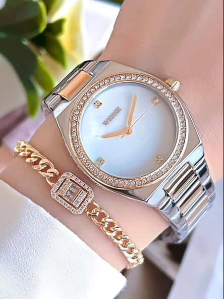 Wesse Elite Çelik Kordon Kararmaz Renk Atmaz Bayan Kol Saati 30Mt Suya Dayanıklı+Bileklik BWWL112002 ürün görseli