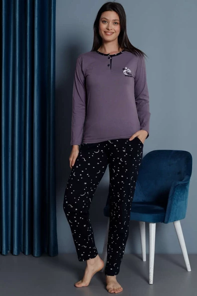 Yıldız Nakışlı Uzun Kol Pijama Takımı Leylak