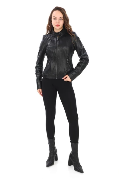 Omuzu Dikişli Spor Kesim Bayan Deri Ceket - 4