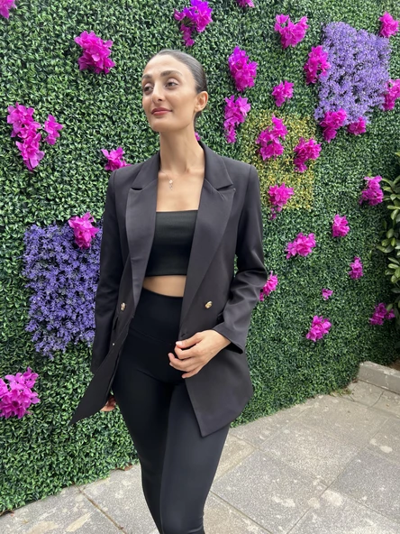GOLD DÜĞMELİ ASTARLI BLAZER CEKET-SİYAH RENK - 4