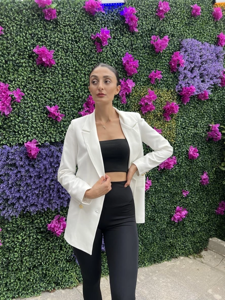 GOLD DÜĞMELİ ASTARLI BLAZER CEKET-BEYAZ RENK - 5