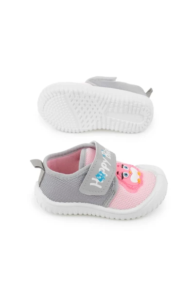 Gezer Yazlık Kız Çocuk Keten Happy Bird Cırt Cırtlı Ayarlanabilir Ayakkabı Gri Pembe - 2