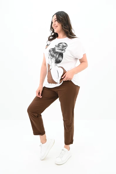 Kadın Büyük Beden Kız Baskılı T-shirt Takım 3800-23 - 4