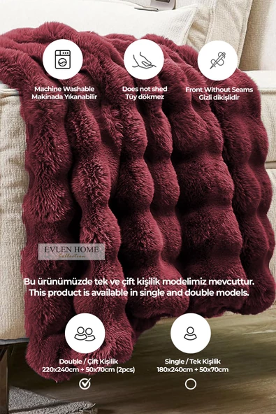 Evlen Home Collection Kürk Yorgan Çift Kişilik Dolgulu Peluş Yumuşak Wellsoft Çift Taraflı Yatak Örtüsü 3 Parça Set Loria - 9