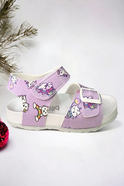 Lila Desenli Tokalı Kız Çoçuk Sandalet - 2