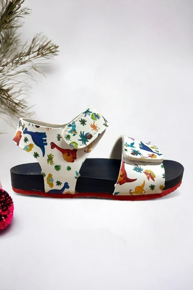 Beyaz Lacivert Dinazor Desenli Erkek Çoçuk Sandalet - 2