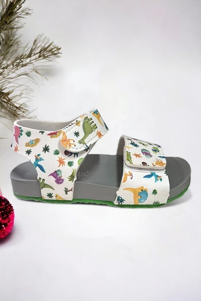 Beyaz Lacivert Dinazor Desenli Erkek Çoçuk Sandalet - 2