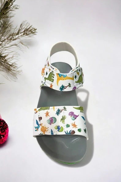 Beyaz Lacivert Dinazor Desenli Erkek Çoçuk Sandalet - 3