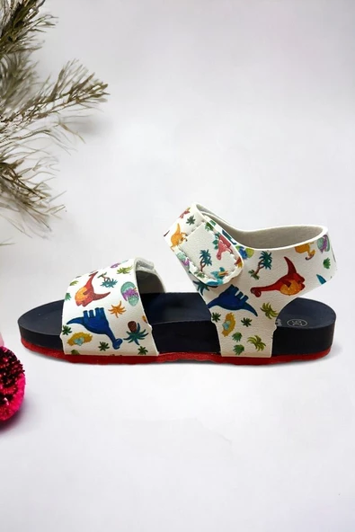 Beyaz Lacivert Dinazor Desenli Erkek Çoçuk Sandalet - 3