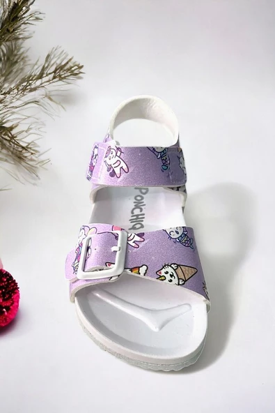 Lila Desenli Tokalı Kız Çoçuk Sandalet - 3