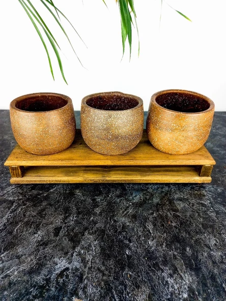 Bitki Tasarımı Ev dekorasyon Aksesuar Kahverengi Granit Efektli Düz Toprak Saksı Üçlü Ahşap Tabanlı Çiçeklik Saksı Saksılık - Resim 5