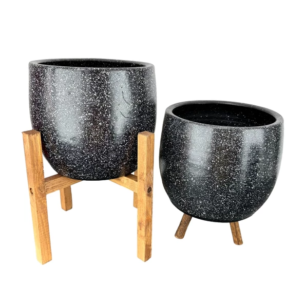 Bitki Tasarımı Siyah Granit Toprak Saksı Saksılık Salon Çiçeklik İkili Set 3 Ayaklı- 4 Ayaklı- 19 CM - Resim 3