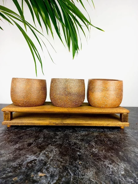 Bitki Tasarımı Ev dekorasyon Aksesuar Kahverengi Granit Efektli Düz Toprak Saksı Üçlü Ahşap Tabanlı Çiçeklik Saksı Saksılık - Resim 3