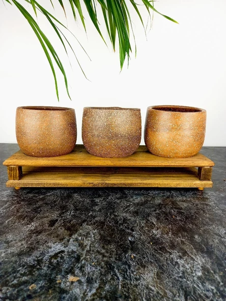 Bitki Tasarımı Ev dekorasyon Aksesuar Kahverengi Granit Efektli Düz Toprak Saksı Üçlü Ahşap Tabanlı Çiçeklik Saksı Saksılık - Resim 4