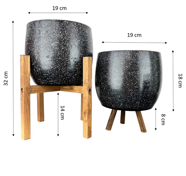 Bitki Tasarımı Siyah Granit Toprak Saksı Saksılık Salon Çiçeklik İkili Set 3 Ayaklı- 4 Ayaklı- 19 CM - Resim 2
