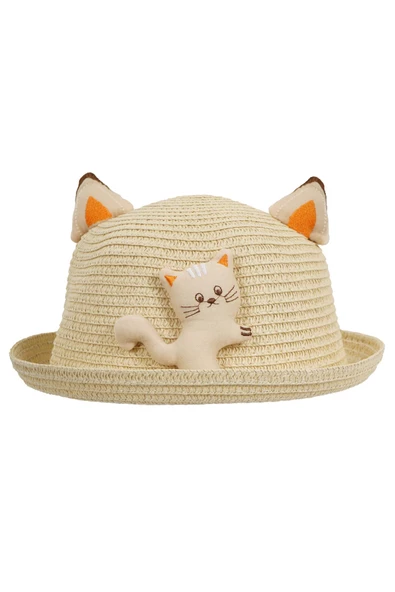 KIZ ÇOCUK 24710-03 KEDİ FÜGÜRLÜ HASIR ŞAPKA - 5