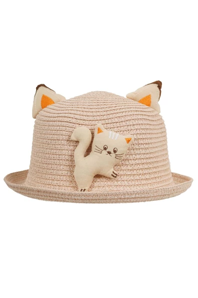 KIZ ÇOCUK 24710-03 KEDİ FÜGÜRLÜ HASIR ŞAPKA - 8