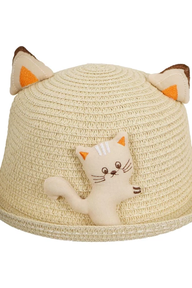 KIZ ÇOCUK 24710-03 KEDİ FÜGÜRLÜ HASIR ŞAPKA - 7