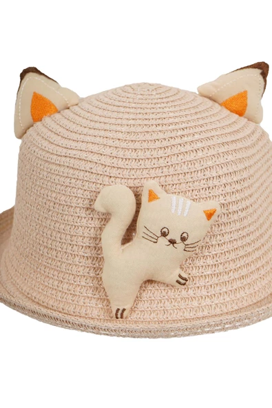 KIZ ÇOCUK 24710-03 KEDİ FÜGÜRLÜ HASIR ŞAPKA - 9