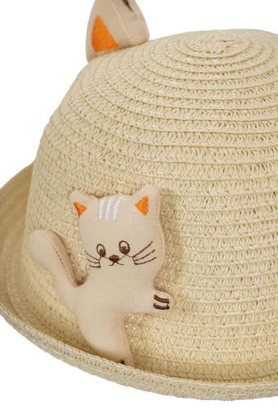 KIZ ÇOCUK 24710-03 KEDİ FÜGÜRLÜ HASIR ŞAPKA - 6