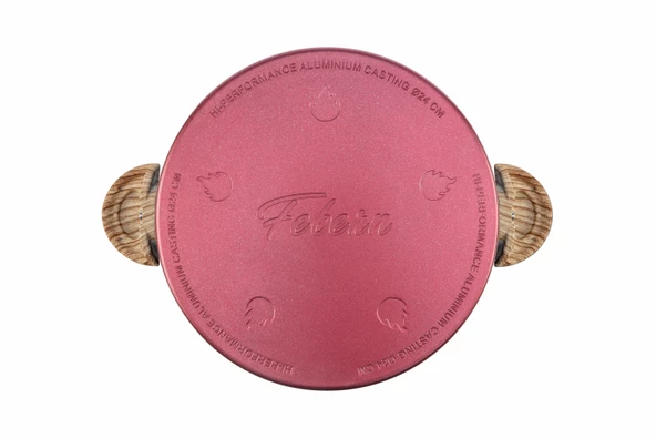 Febern Premium Bio Granit Alüminyum Döküm Nisch Tencere Seti (Metalik Kırmızı-Açık Ahşap Kulp) - 7