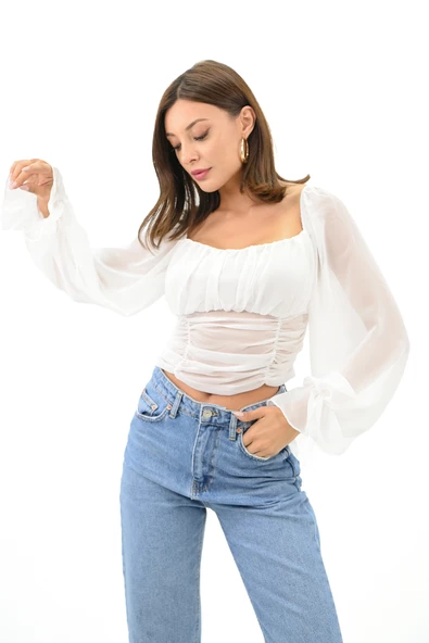 Kadın Şifon Crop Bluz 1734-24 - 9