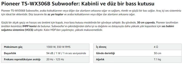 Pioneer TS-WX306B 1300W 30 Cm Kabinli Subwoofer - 7