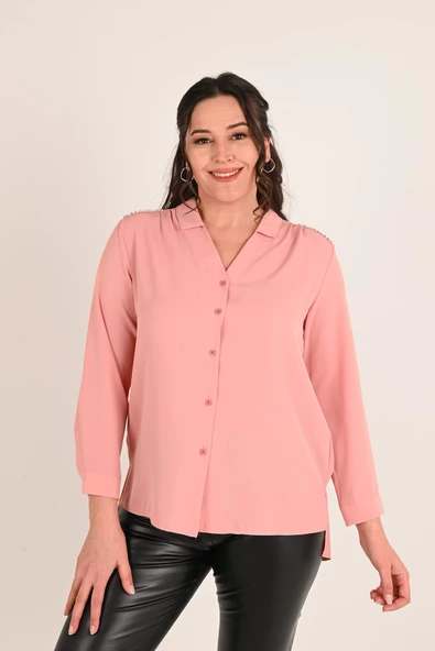 Kadın Büyük Beden Omuz Taş Detaylı Gömlek 1687-24 - 9