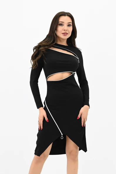 Kadın Fermuar Dekolteli Mini Elbise 5199-24 - 10