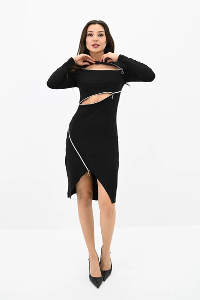 Kadın Fermuar Dekolteli Mini Elbise 5199-24 - 3