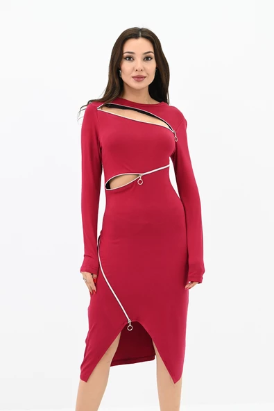 Kadın Fermuar Dekolteli Mini Elbise 5199-24 - 11