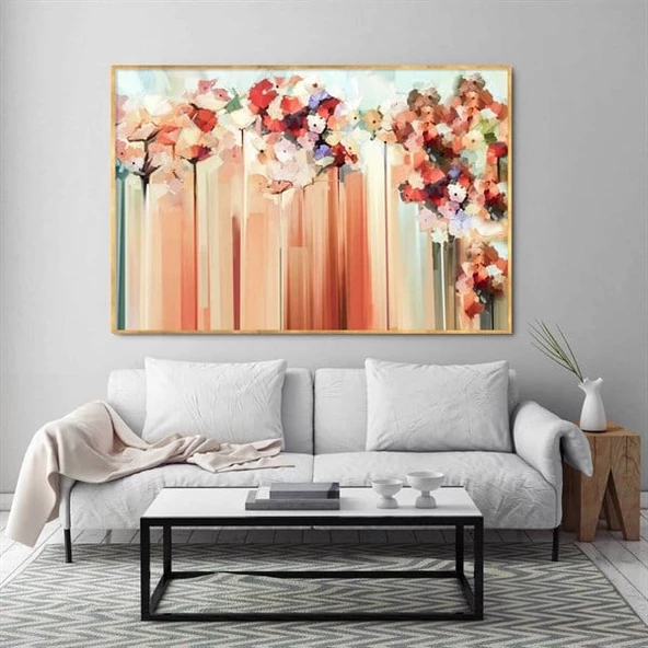 Soyut Pembe Çiçekler - Yağlı Boya Dokulu Tablo - Resim 2