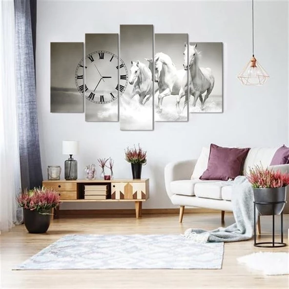 Beyaz Atlar 5 Parçalı Saatli Kanvas Tablo - Resim 2