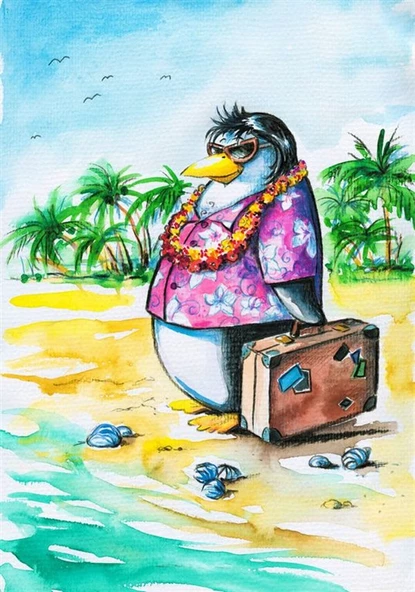 Tatilci Penguen - Kanvas Tablo - Resim 2