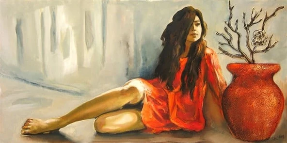 Kırmızı Vazonun Yanındaki Kadın - Kanvas Tablo - Resim 2