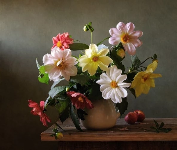 Masada Çiçekler ve Elmalar - Kanvas Tablo - Resim 2