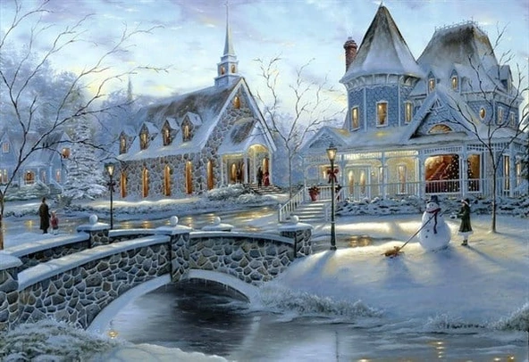 Donmuş Göl ve Kardan Adam - Kanvas Tablo - Resim 2