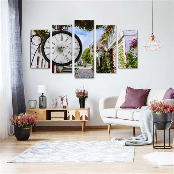 Beyaz Evli Yokuş Saatli 5 Parçalı Kanvas Tablo - Resim 2