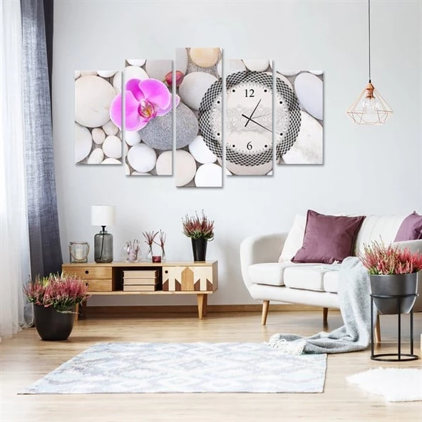 Saklı Orkide Saatli 5 Parçalı Kanvas Tablo - Resim 2