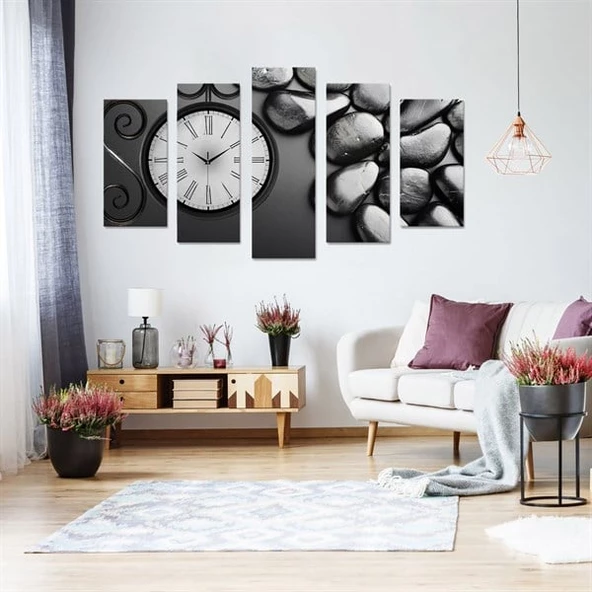 Islak Taşlar - Saatli 5 Parçalı Kanvas Tablo ürün görseli