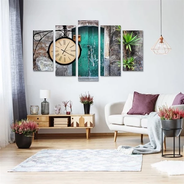 Yeşil Kapı Saatli 5 Parçalı Kanvas Tablo ürün görseli