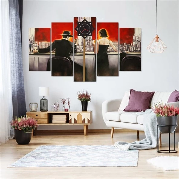 Barda Martini Saatli 5 Parçalı Kanvas Tablo - Resim 2