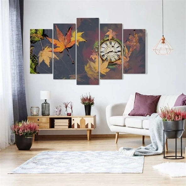 Suda Güz Yaprakları - Saatli 5 Parçalı Kanvas Tablo - Resim 2