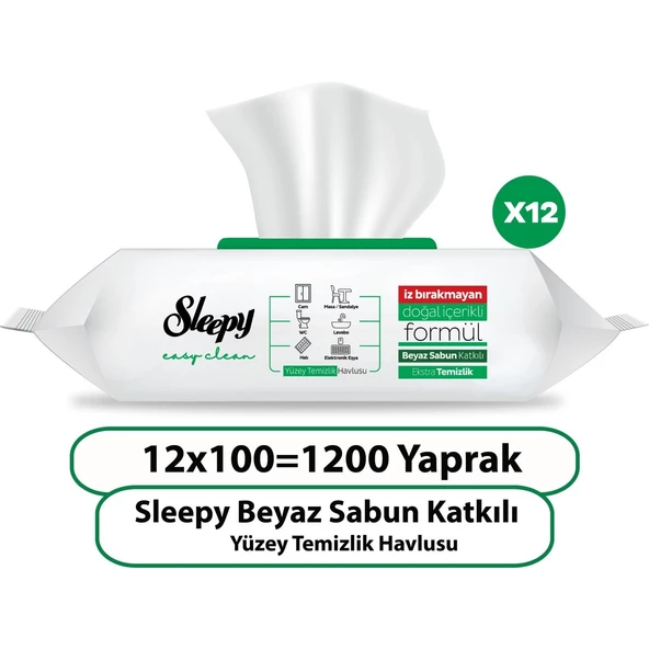 Sleepy Easy Clean Beyaz Sabun Katkılı Yüzey Temizlik Havlusu 100 x 12 Adet