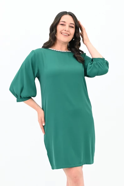 Kadın Büyük Beden Yaka Taş İşlemeli Elbise 5211-24 - 12