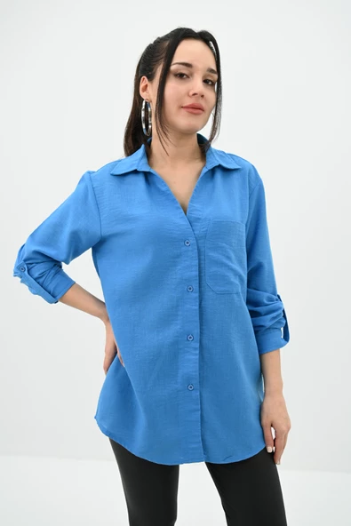 Kadın Keten Cep Detaylı Gömlek 1732-24 - 11